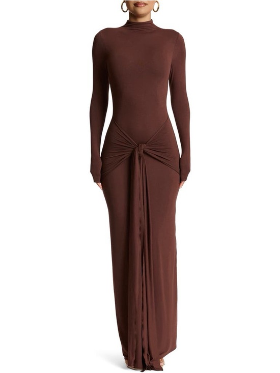 naked wardrobe Dresses & Skirts - NAKED WARDROBE Tie Waist Maxi Dress XL Chocolate Brown Funnel Neck Trendy Party